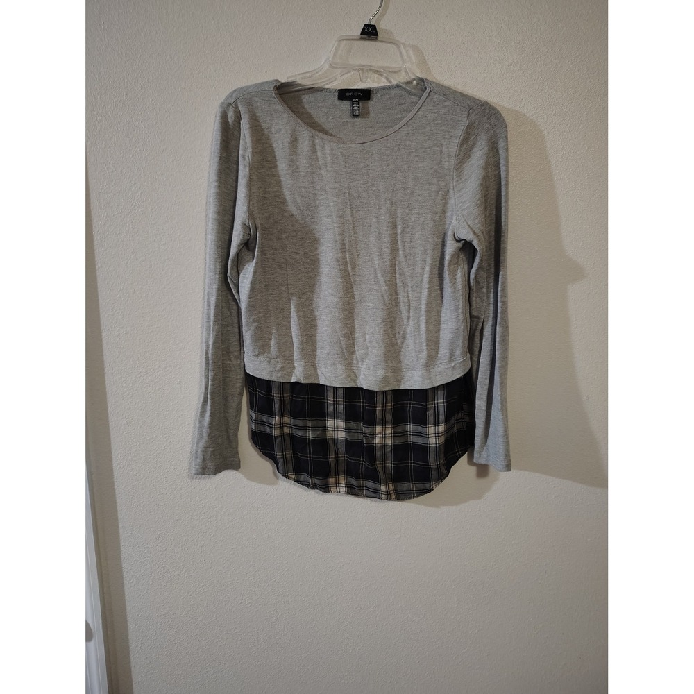 Drew Womens Grey Plaid Mixed Media Layered Long Sleeve Top XS TP